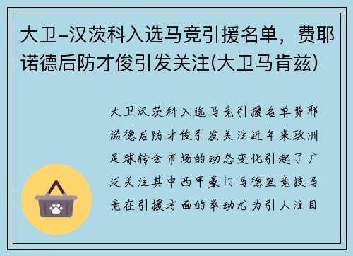 大卫-汉茨科入选马竞引援名单，费耶诺德后防才俊引发关注(大卫马肯兹)