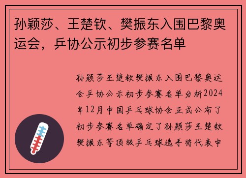 孙颖莎、王楚钦、樊振东入围巴黎奥运会，乒协公示初步参赛名单