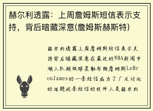 赫尔利透露：上周詹姆斯短信表示支持，背后暗藏深意(詹姆斯赫斯特)
