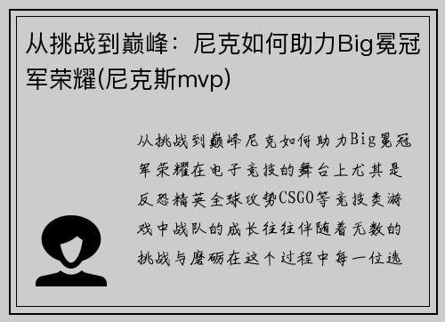 从挑战到巅峰：尼克如何助力Big冕冠军荣耀(尼克斯mvp)