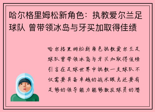 哈尔格里姆松新角色：执教爱尔兰足球队 曾带领冰岛与牙买加取得佳绩