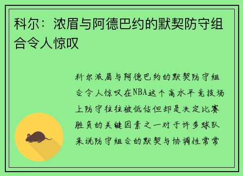 科尔：浓眉与阿德巴约的默契防守组合令人惊叹