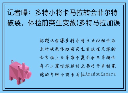 记者曝：多特小将卡马拉转会菲尔特破裂，体检前突生变故(多特马拉加误判)