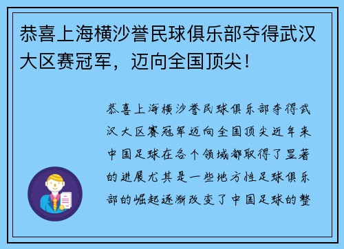 恭喜上海横沙誉民球俱乐部夺得武汉大区赛冠军，迈向全国顶尖！